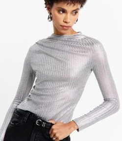 Blusa em Malha Texturizada com Foil  Franzido no Ombro