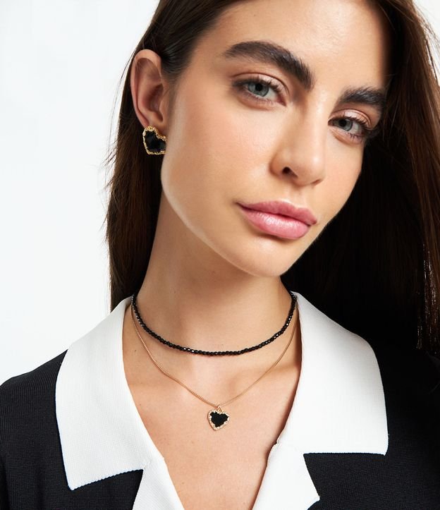Conjunto Brinco e Colar Camadas com Pingente de Coração