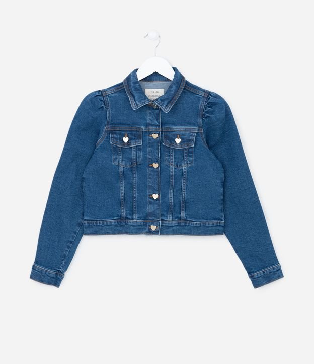 Jaqueta Jeans Cropped Infantil com Mangas Bufantes - Tam 5 a 14 anos