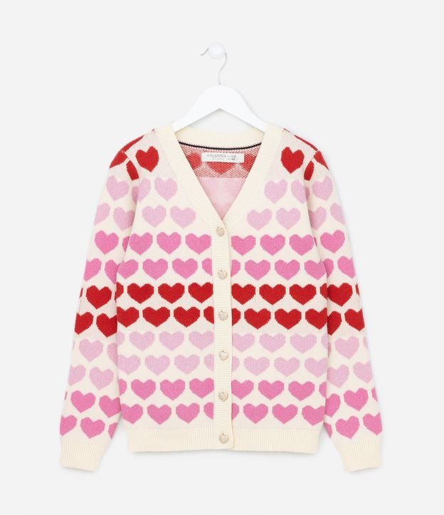 Cardigan Infantil em Tricô com Estampa Corações - Tam 5 A 14 Anos
