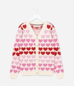 Cardigan Infantil em Tricô com Estampa Corações - Tam 5 A 14 Anos