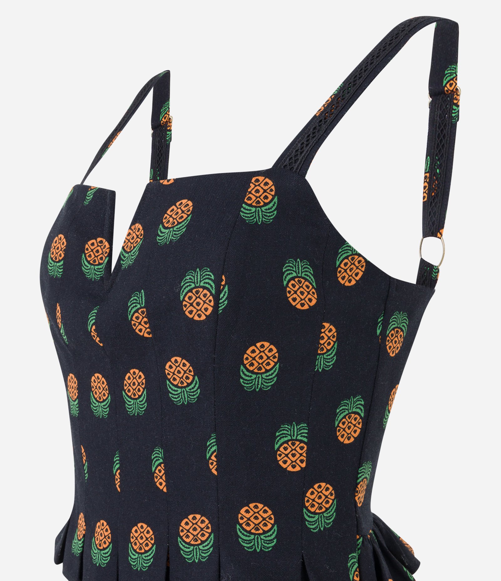 Macacão Longo em Viscolinho com Babadinhos e Estampa Abacaxis Preto 7