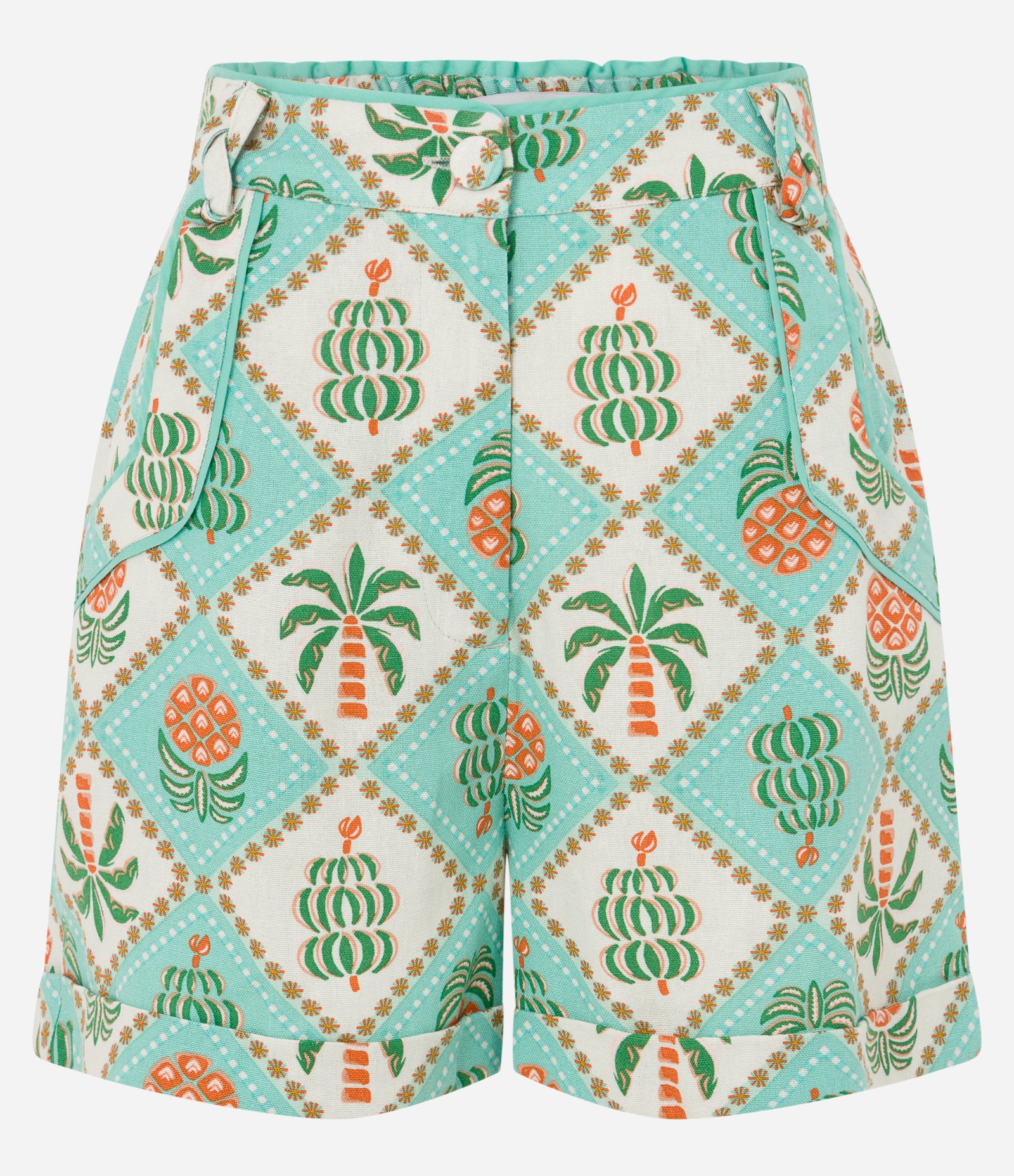 Short em Linho com Passantes Cruzados e Estampa Tropical Verde 5