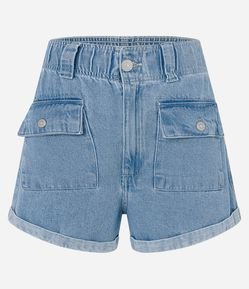 Short Baggy em Jeans Marmorizado e Bolsos com Lapela