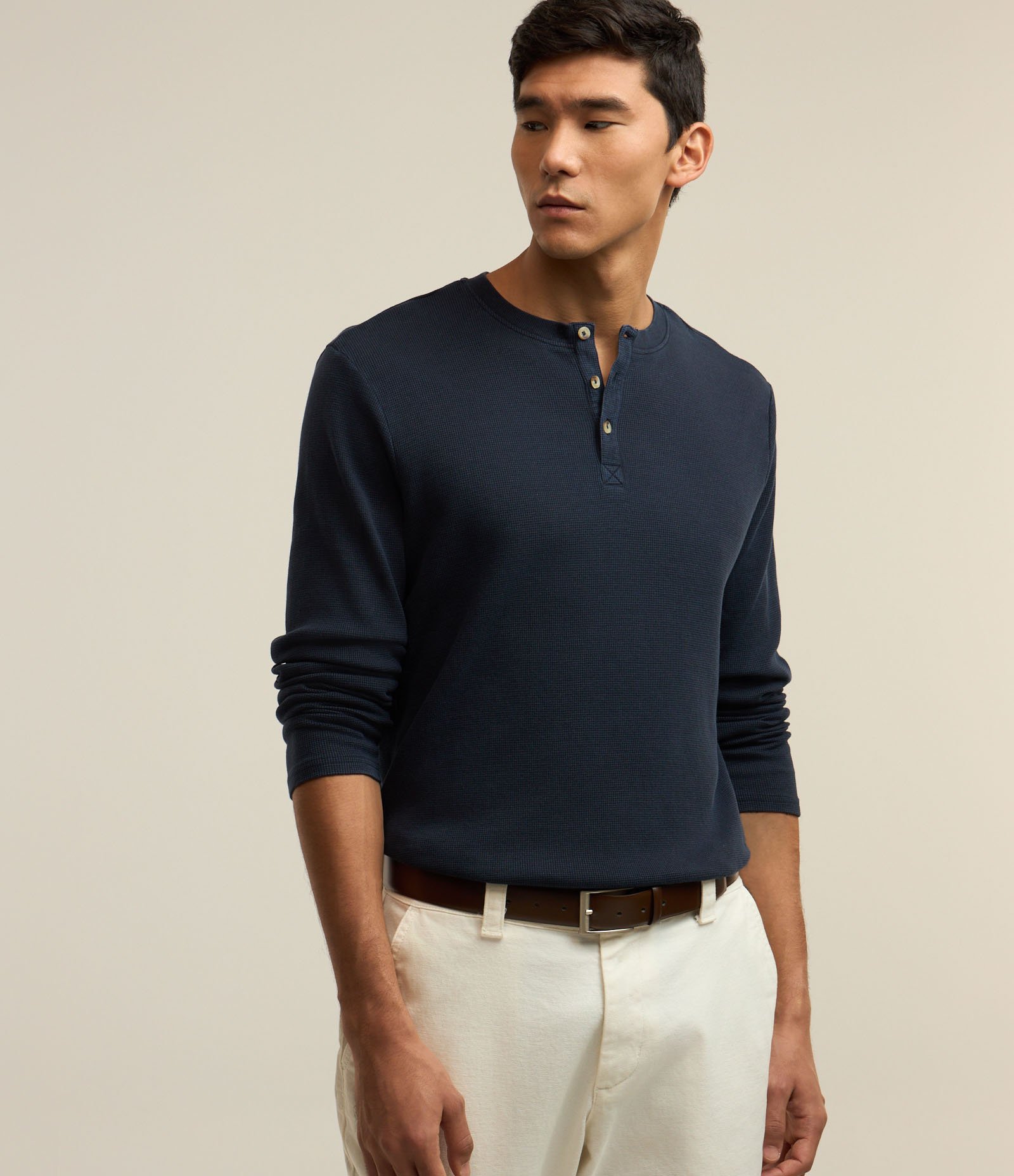 Camiseta Texturizada em Algodão com Botões na Gola Azul Marinho 1