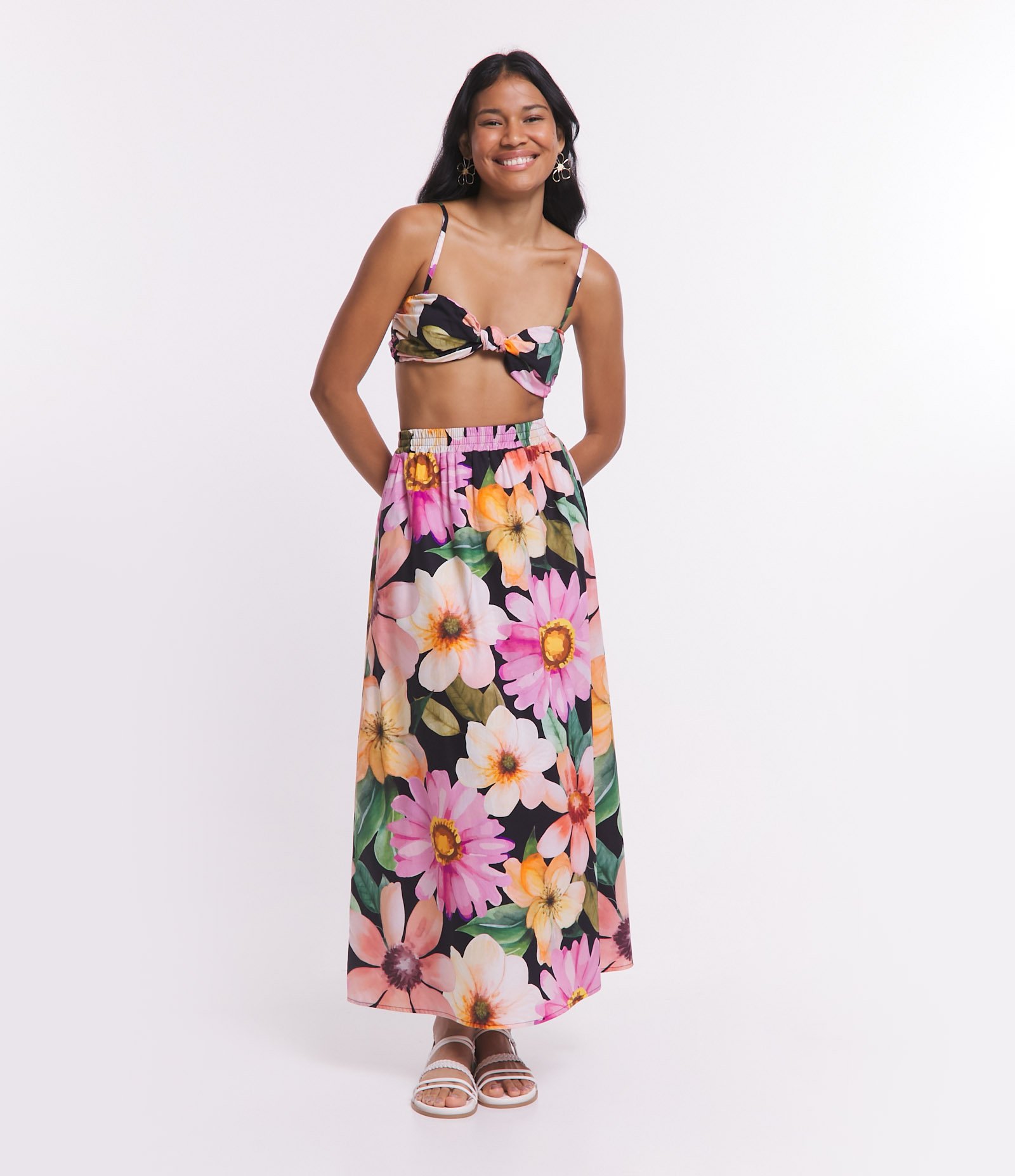 Top de Alça em Tricoline com Torcido e Flores Aquareladas Estampadas Multicores 2
