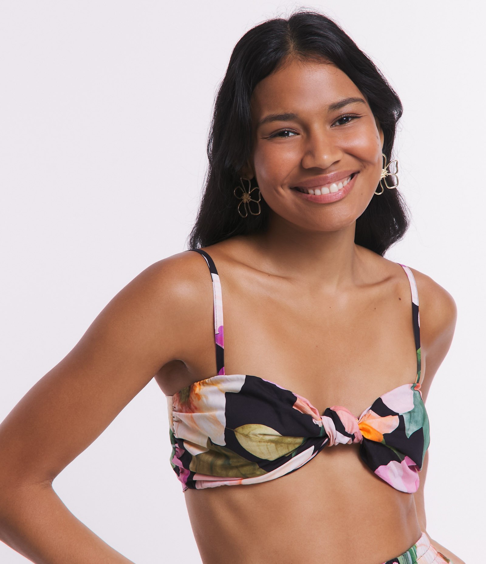 Top de Alça em Tricoline com Torcido e Flores Aquareladas Estampadas Multicores 4