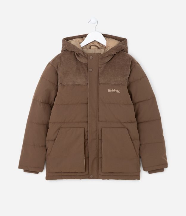 Jaqueta Puffer Infantil com Capuz e Detalhe em Veludo - Tam 5 a 14 anos