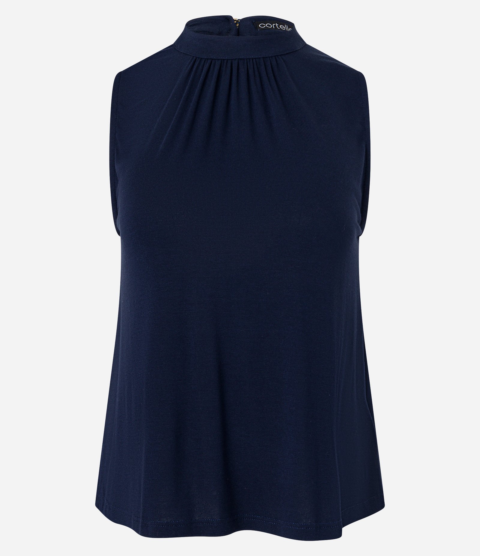 Blusa Regata em Viscolycra com Golinha Alta e Pregas Azul Marinho 7