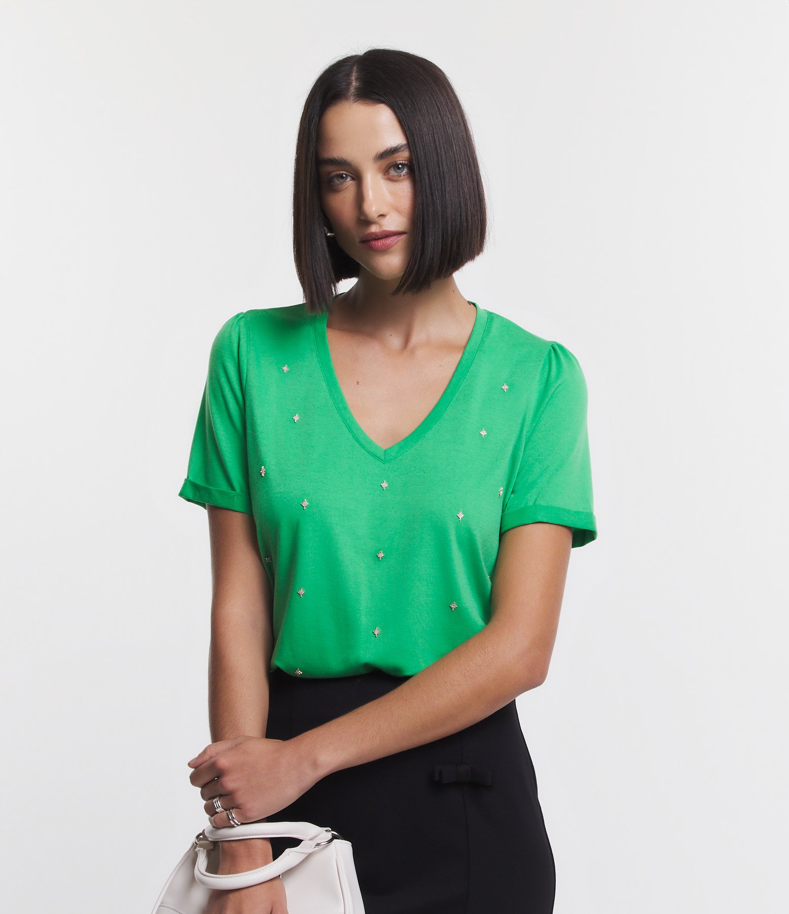 Blusa Manga Curta em Viscolycra com Brilhos Aplicados Verde 1