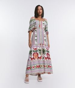 Vestido New Midi em Viscose com Manga Ampla e Estampa de Folhagens