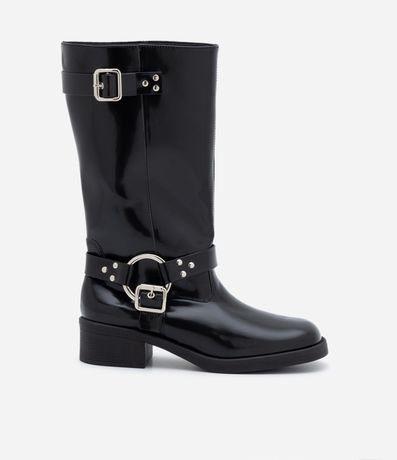 Bota Biker em Pu com Cano Longo e Fivelas em Metal Bota Biker em Pu com Cano Longo e Fivelas em Metal