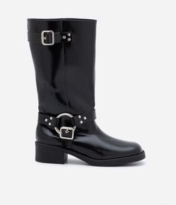 Bota Biker em Pu com Cano Longo e Fivelas em Metal