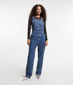 Macacão Reto Longo em Jeans com Brilhos Aplicados