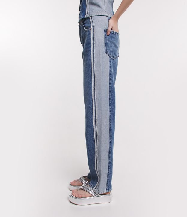 Calça Reta em Jeans com Recortes Bicolor Azul 4