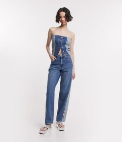 Calça Reta em Jeans com Recortes Bicolor