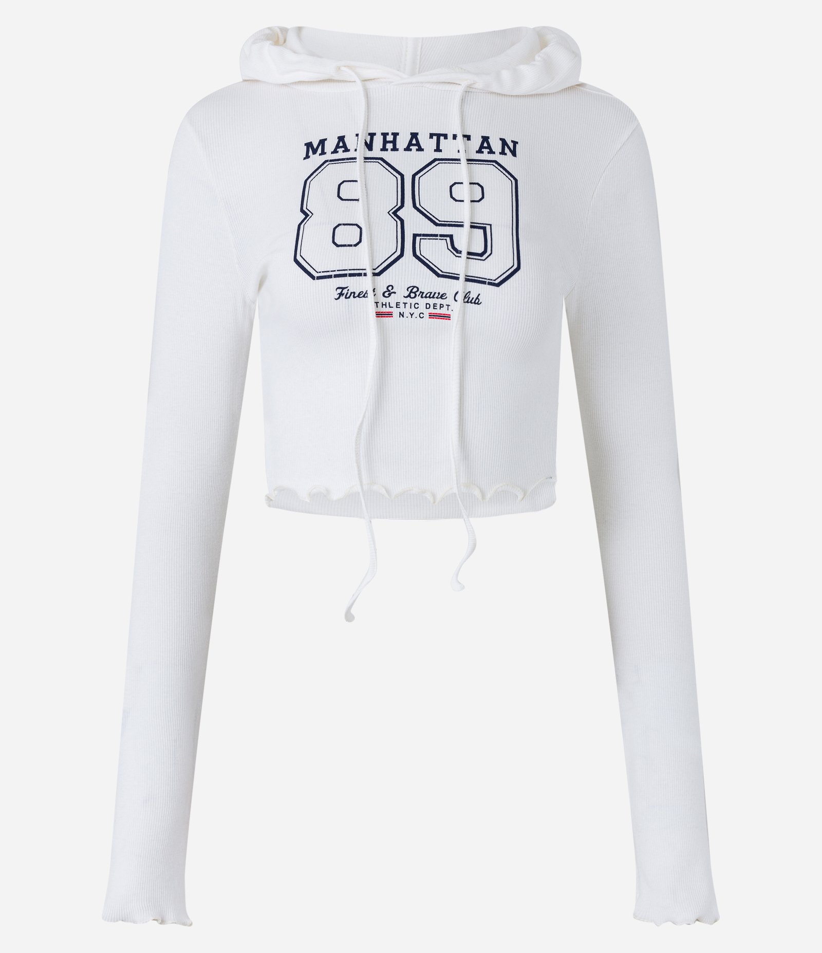 Blusa Cropped em Ribana com Capuz e Lettering College Manhattan Branco 5