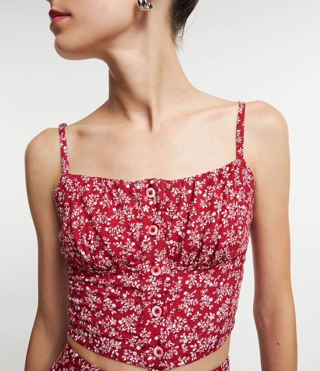 Blusa Cropped de Alça em Viscose com Flores Liberty Estampadas Vermelho 4