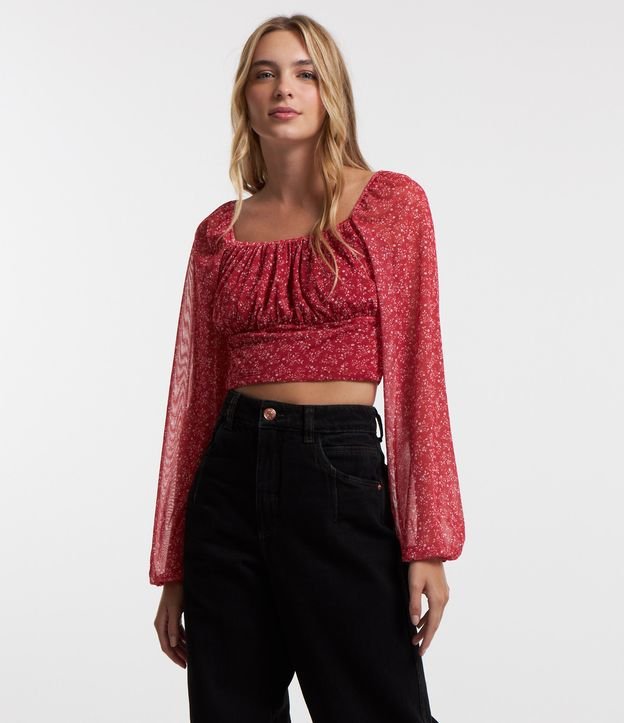 Blusa em Tule Floral Liberty e Manga Bufante