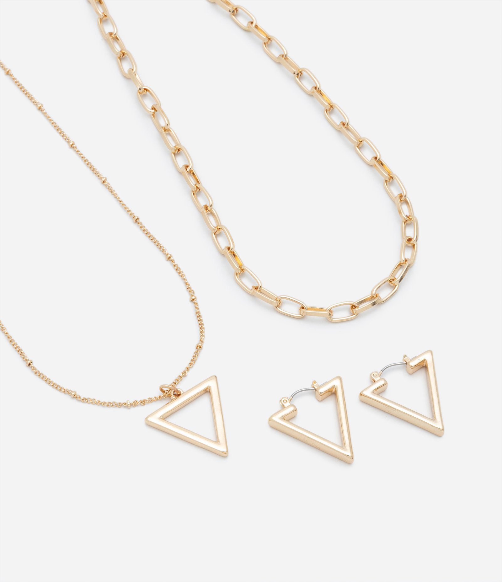 Conjunto Brinco e Colar Camadas com Pingente Triangular Dourado 3