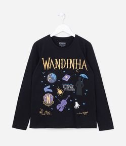 Camiseta Manga Longa Infantil com Estampa da Wandinha - Tam 7 a 14 anos