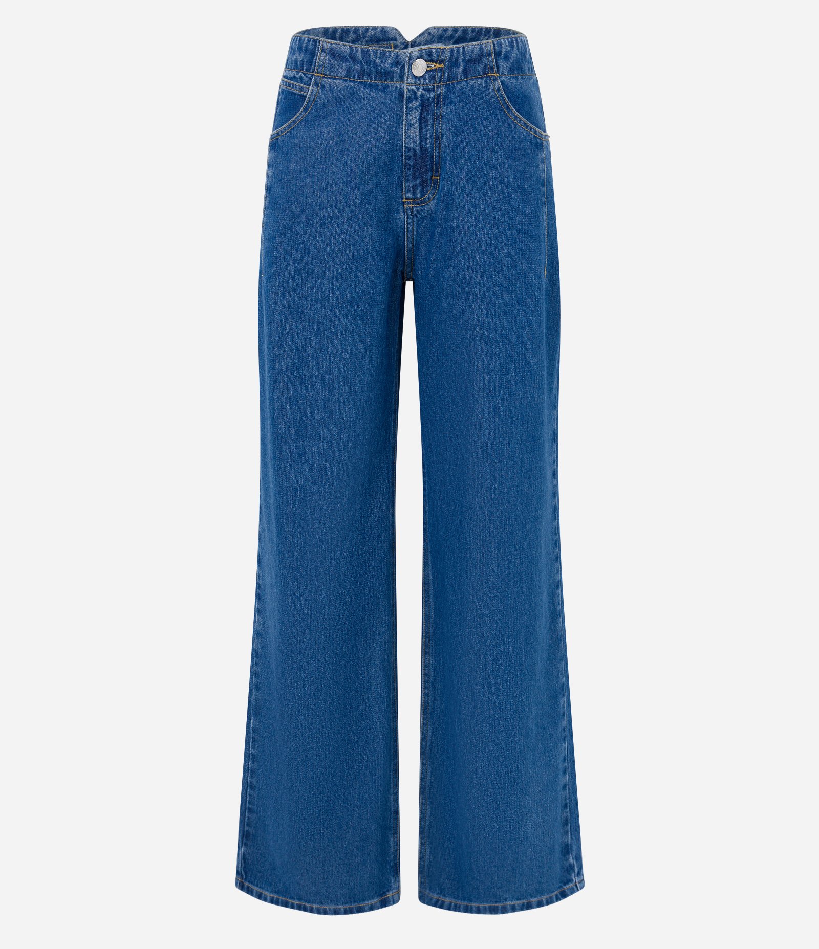 Calça Wide Leg em Jeans com Fivela e Detalhe V no Cós Azul 6