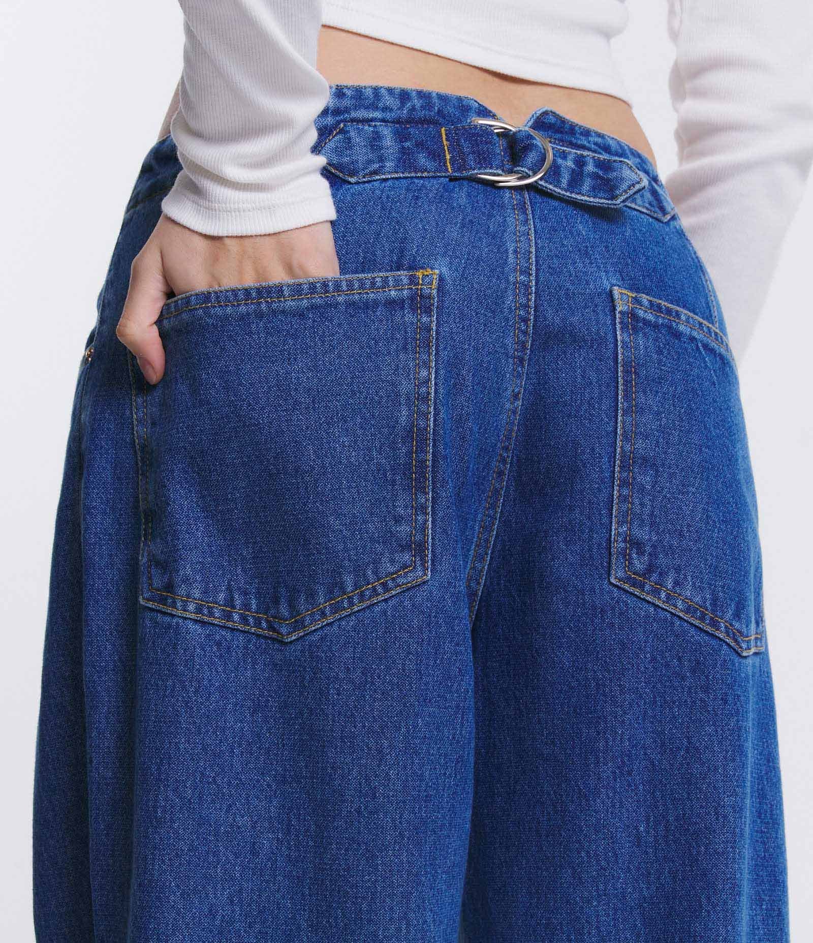 Calça Wide Leg em Jeans com Fivela e Detalhe V no Cós Azul 5