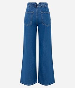 Calça Wide Leg em Jeans com Fivela e Detalhe V no Cós