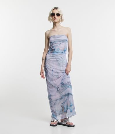 Vestido New Midi em Tule com Estampa Abstrata Marmorizada com Franzido Menor preço em Vestido New Midi em Tule com Estampa Abstrata Marmorizada com Franzido