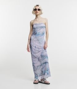 Vestido New Midi em Tule com Estampa Abstrata Marmorizada com Franzido