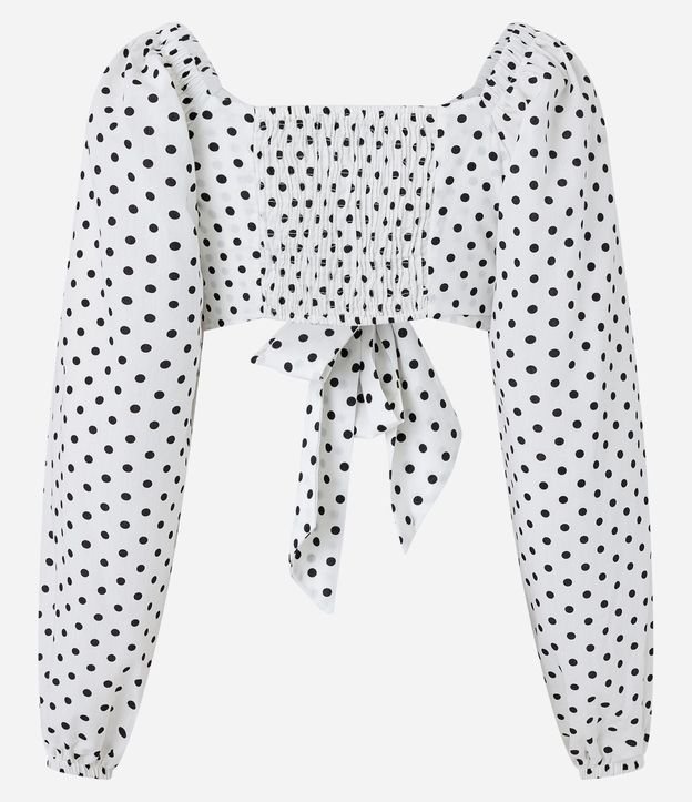 Blusa Cropped em Tricoline Poá com Amarração e Manga Bufante Branco 7