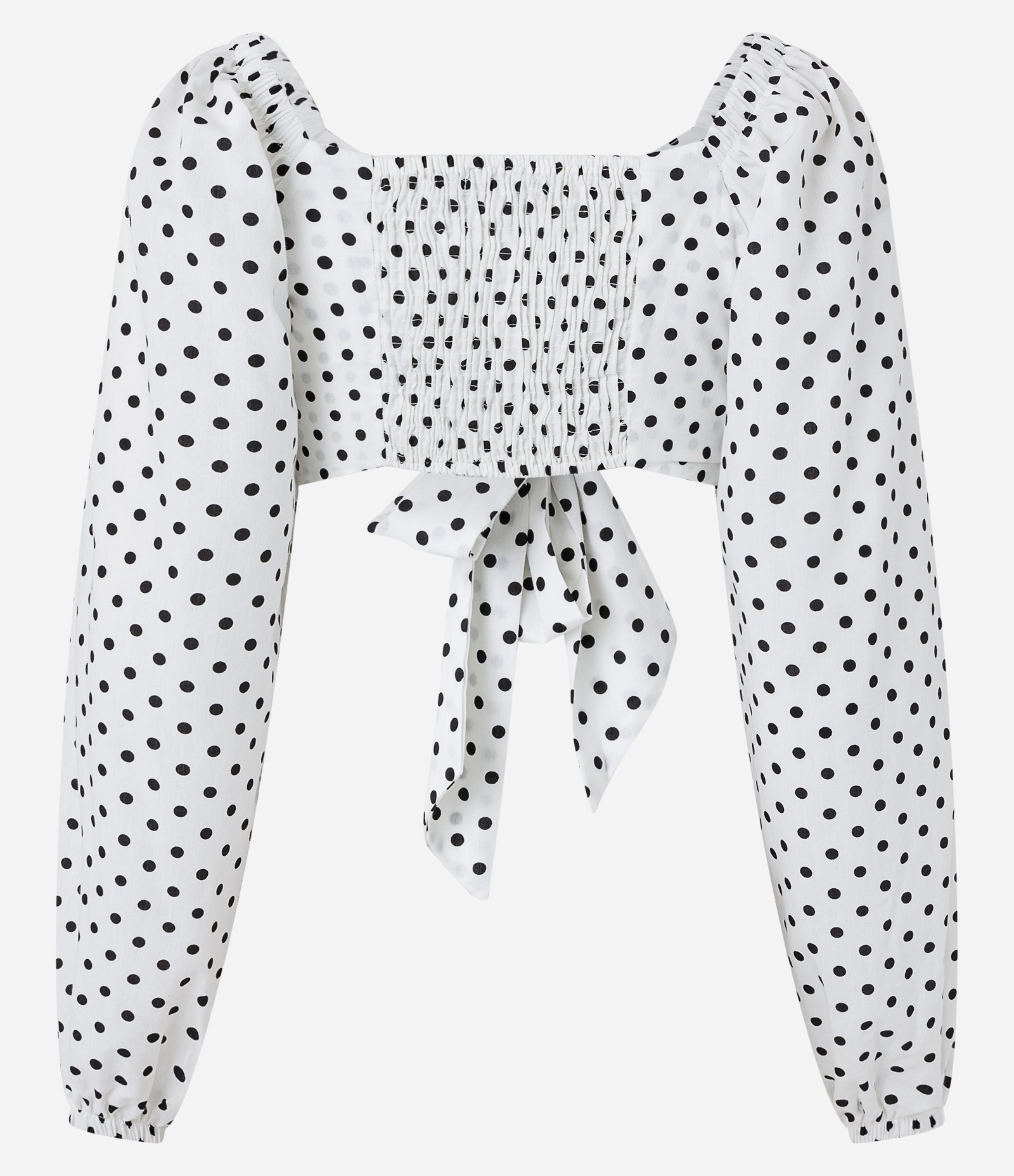 Blusa Cropped em Tricoline Poá com Amarração e Manga Bufante Branco 7