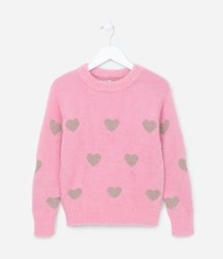 Suéter Infantil Peludinho com Bordado de Corações -Tam 5 A 14 Anos