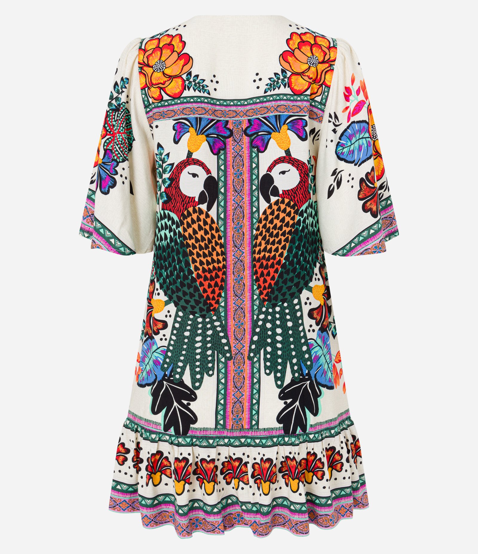 Vestido Curto em Viscose com Estampa Araras Branco 7