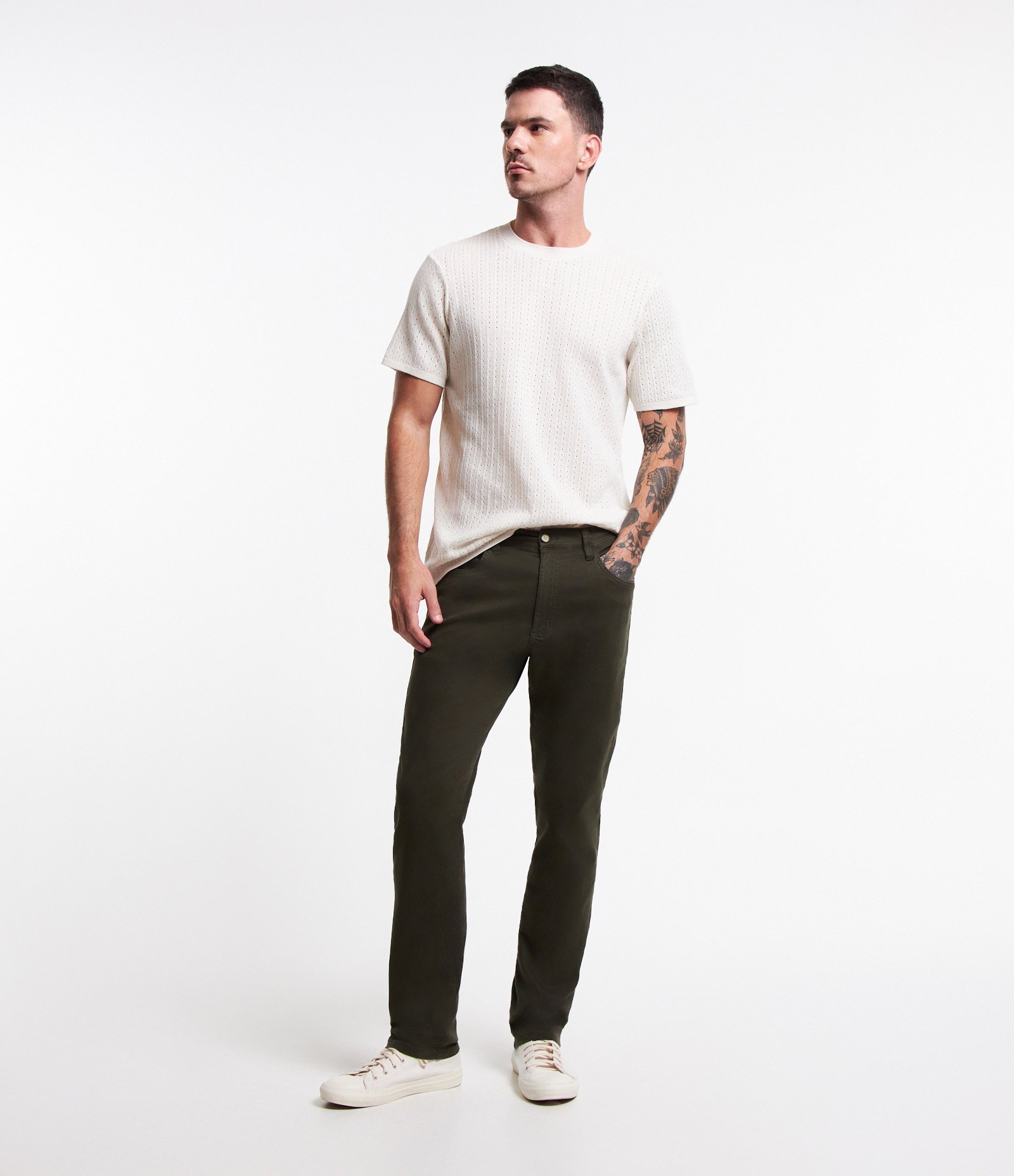 Calça Slim em Sarja com Elastano e Cós Elástico Verde Musgo 1