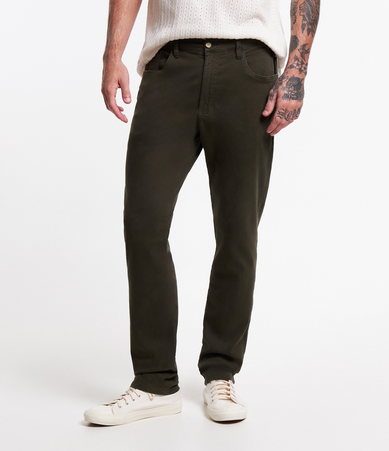 Calça Slim em Sarja com Elastano e Cós Elástico Verde Musgo 3
