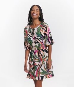 Vestido Curto em Viscose com Amarração e Estampa Folhagens