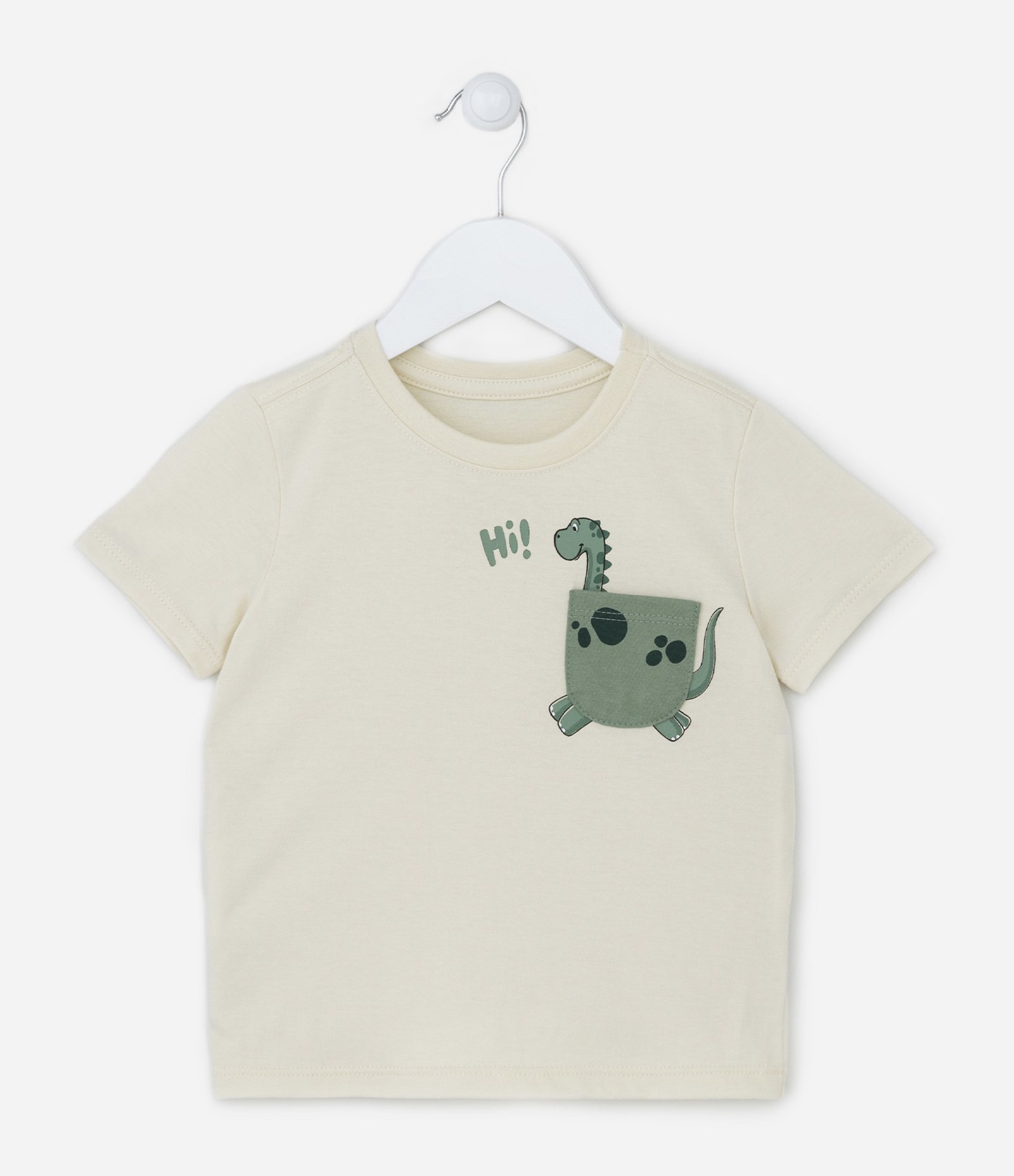 Camiseta Manga Curta Infantil com Estampa de Dinossauro - Tam 1 a 5 anos Bege 1