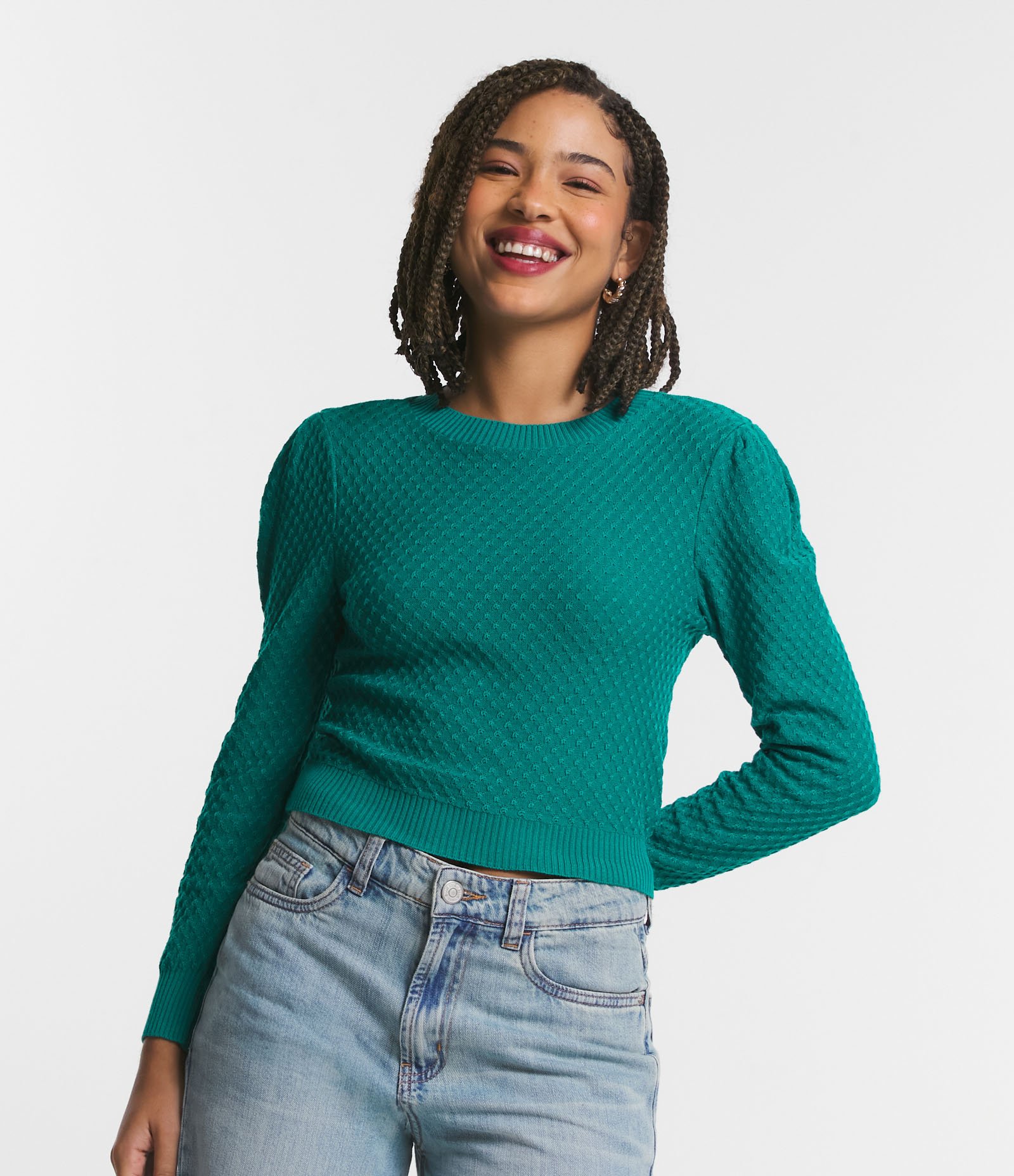 Blusa em Trico Texturizado com Manga Longa Verde Azulado