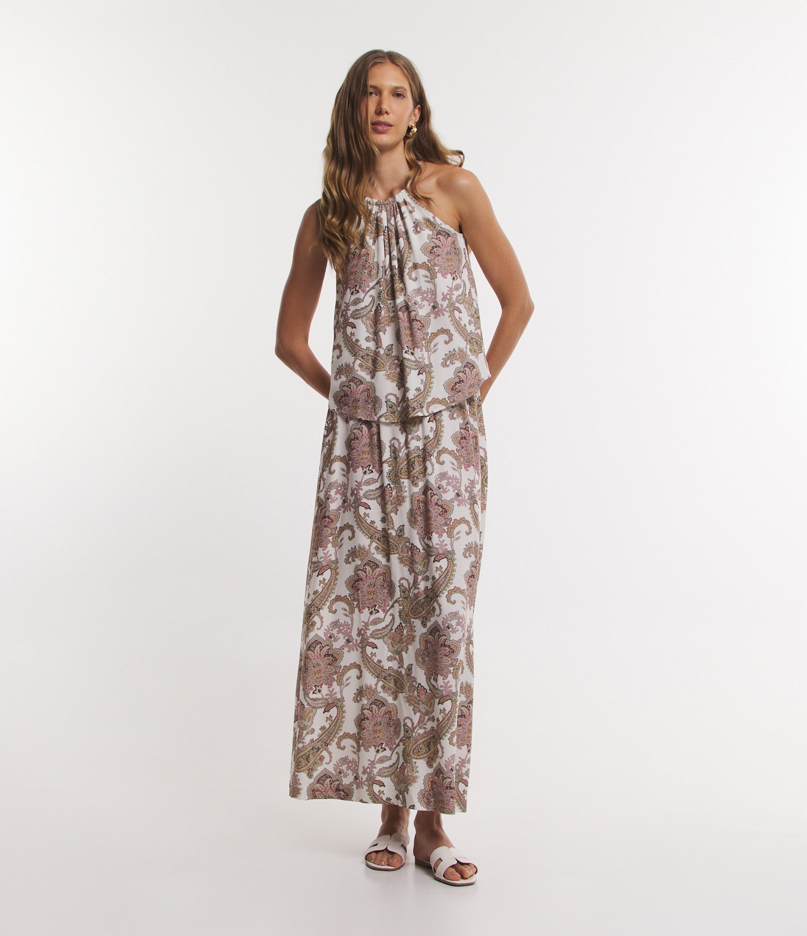 Saia Midi em Viscose com Zíper Lateral e Estampa Arabescos Branco/ Bege 1