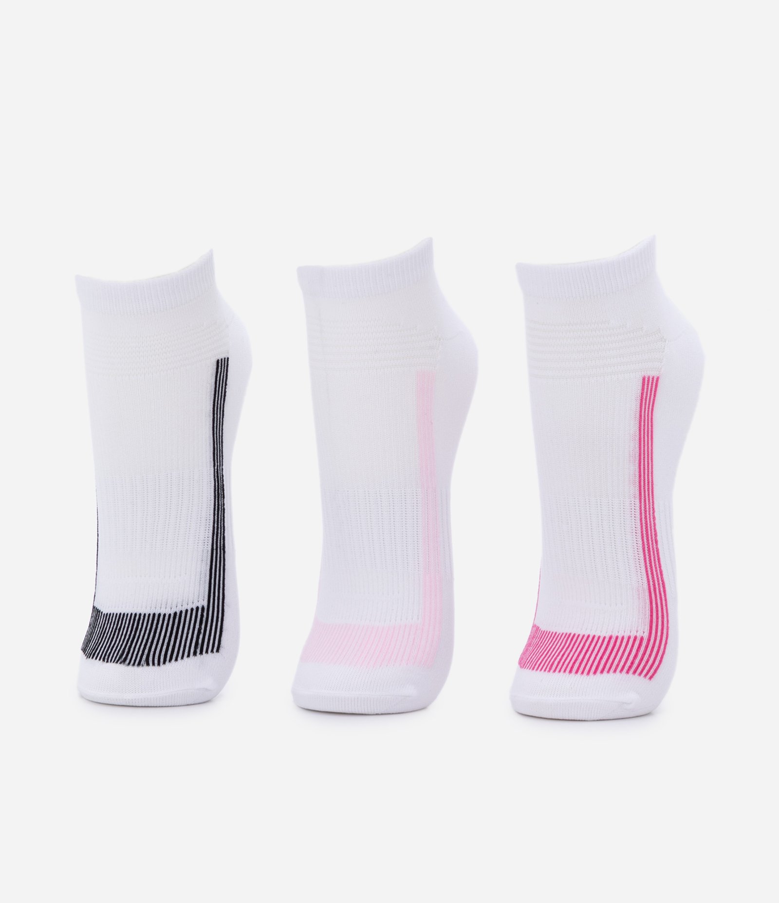 Kit 03 Meias Cano Baixo Sem Costura com Listras Contrastantes Preto/Rosa Claro/Pink 1
