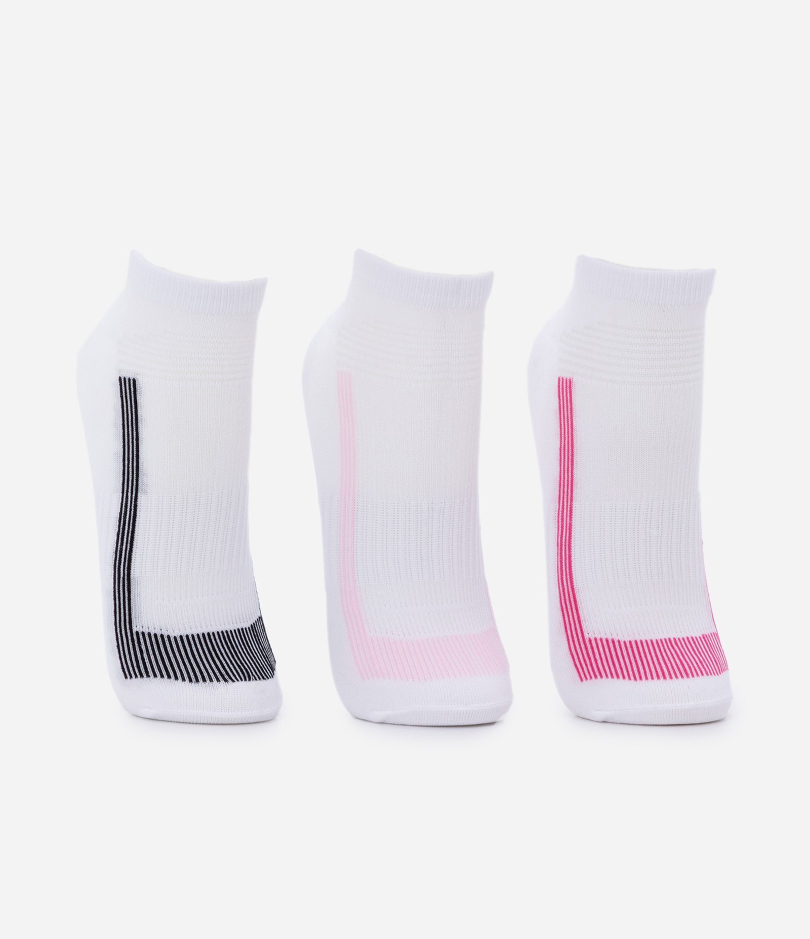 Kit 03 Meias Cano Baixo Sem Costura com Listras Contrastantes Preto/Rosa Claro/Pink 2