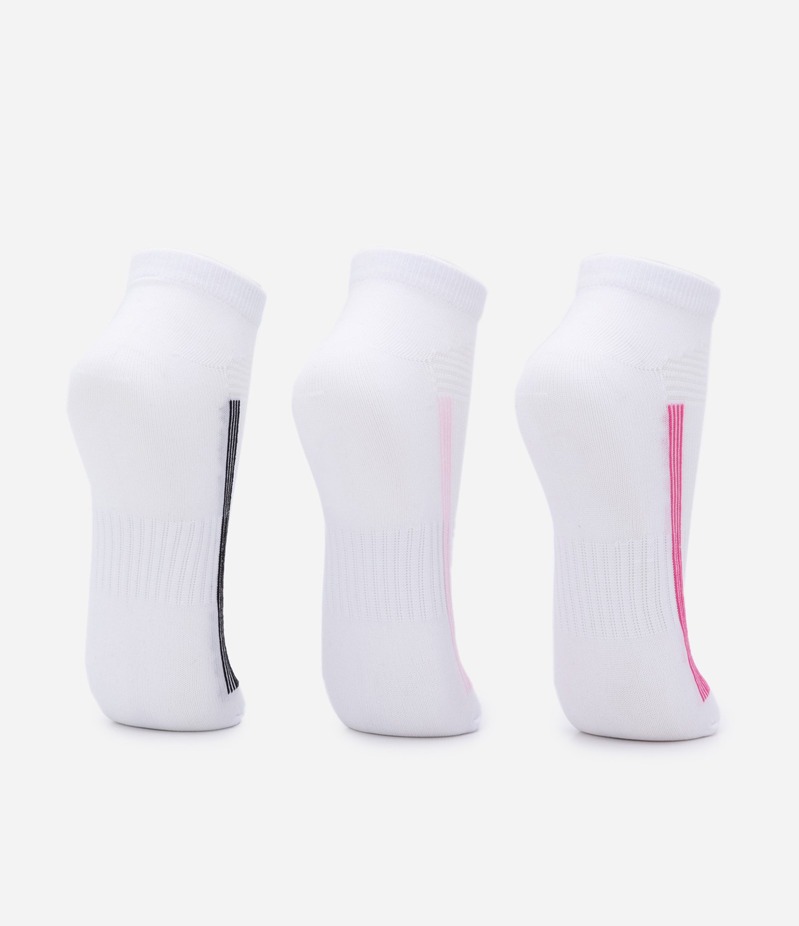 Kit 03 Meias Cano Baixo Sem Costura com Listras Contrastantes Preto/Rosa Claro/Pink 3