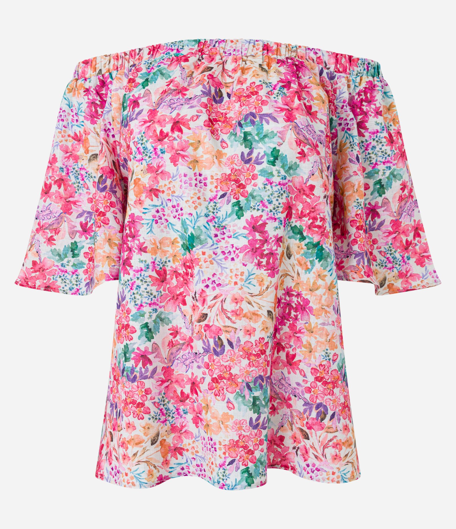 Blusa Ombro a Ombro em Sarja com Flores Aquareladas Estampadas Multicores 1