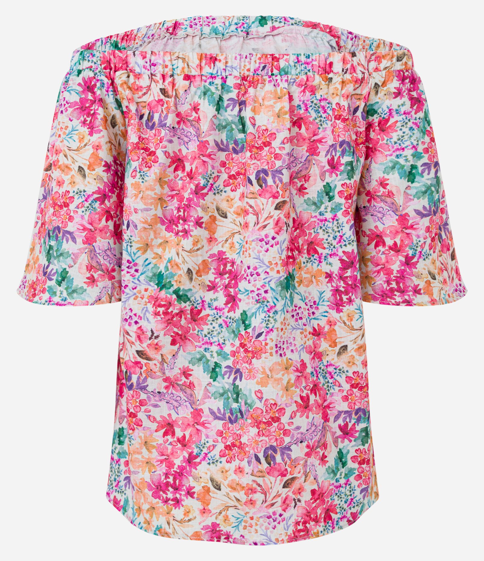 Blusa Ombro a Ombro em Sarja com Flores Aquareladas Estampadas Multicores 2