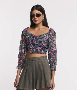 Blusa Manga 3/4 em Tule com Flores Liberty Estampadas