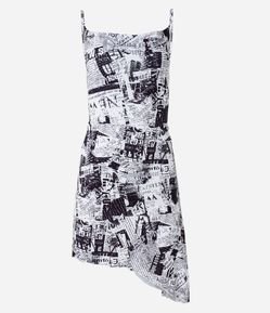Vestido de Alça com Estampa de Jornal e Barra Assimétrica
