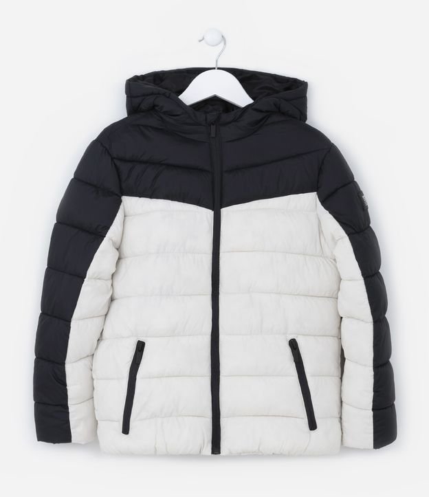 Jaqueta Puffer Infantil com Capuz e Recortes - Tam 5 a 14 anos