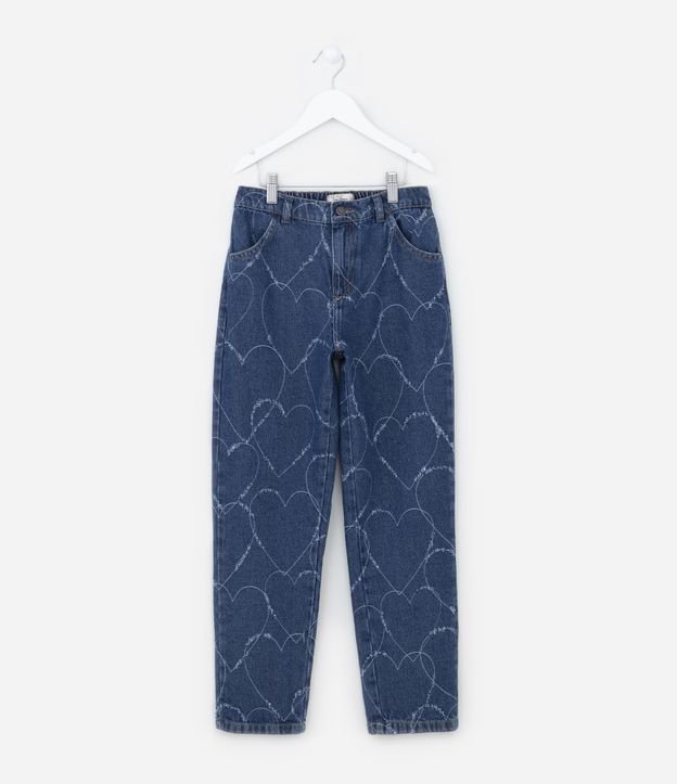 Calça Mom Infantil em Jeans com Estampa de Corações - Tam 5 a 14 anos