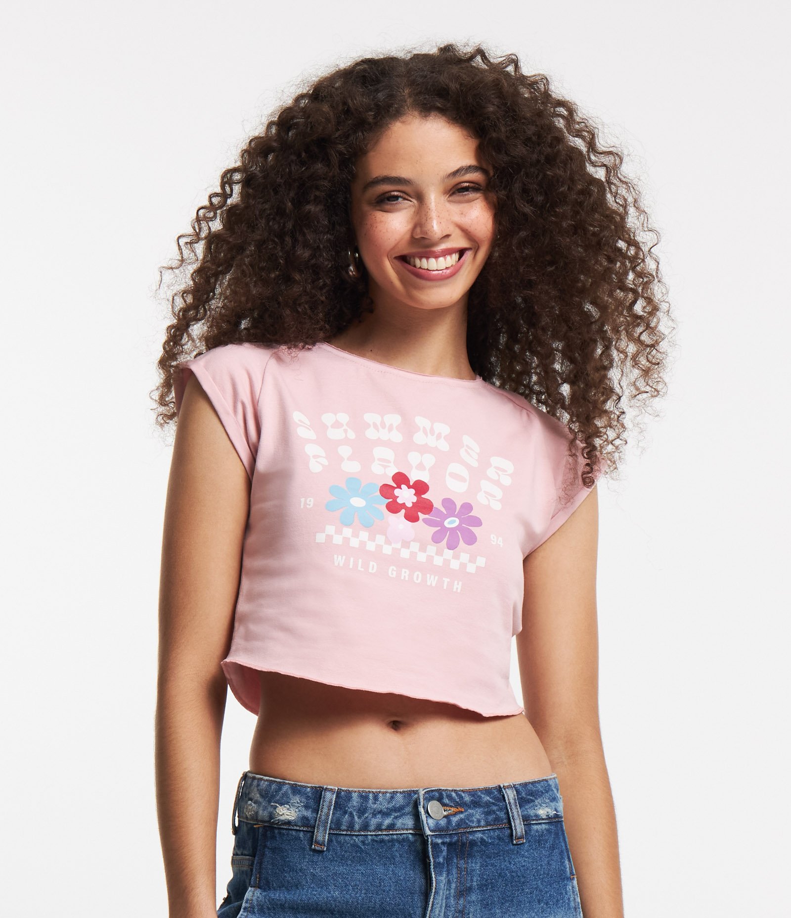 Blusa T-shirt em Meia Malha com Estampa Floral Rosa 1